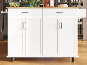Wyspa kuchenna - wózek na kółkach z rozsuwanym blatem - 2 szuflady i 4 drzwi - Biały