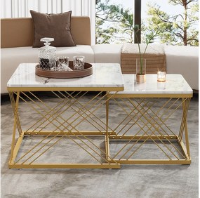 Zestaw 2 kwadratowych stolików kawowych z blatem MDF w efekcie marmuru, złota rama - białe