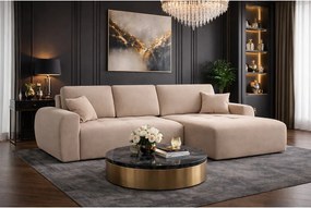 Narożnik w kształcie L z funkcją spania i pojemnikiem Ivo L, tkanina welurowa Salvador, Beżowy, Prawy