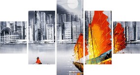 Obraz - Victoria Harbor, Hongkong, czarno-biały obraz olejny (125x70 cm)