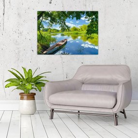 Obraz na szkle letniej rzeki z łodzią (70x50 cm)