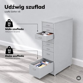 Szafka kartotekowa na kółkach, metalowa, 8 szuflad, na dokumenty, szara, 300x1100x600 mm: SARA V8