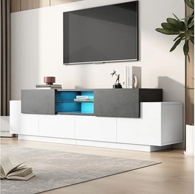Biała szafka pod telewizor - Szafka pod telewizor z 4 drzwiami i 2 szufladami - z oświetleniem LED i szklanymi półkami - do salonu i sypialni
