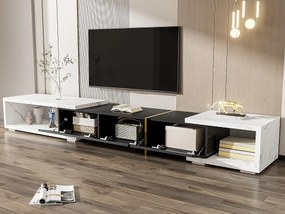 Regulowany stół TV (140-260 cm) - 3 drzwi uchylne - wygląd białego marmuru - Czarny i Biały