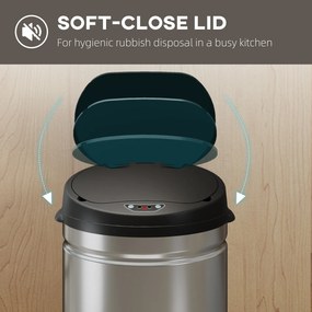 HOMCOM 30 L Kosz na śmieci z czujnikiem z funkcją Soft-Close, bezdotykowy kosz na odpady ze stali nierdzewnej do higienicznych kuchni