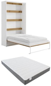 Łóżko chowane w szafie 120 × 200 cm – Otwieranie pionowe manualne – Oświetlenie LED – Białe i naturalne + Materac – RAPILI