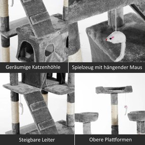 PawHut Drapak dla kota 170cm z domkiem i platformami do wypoczynku Sizalowy słupek Szary | Aosom PL