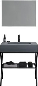 Szafka łazienkowa stojąca „Figi” 80 cm z szarej żywicy z szarą umywalką i prostokątnym lustrem podświetlanym diodami LED