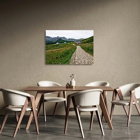 Obraz na szkle - Krajobraz górski z domami (70x50 cm)