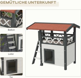 PawHut Domek dla kotów, Chatka dla zwierząt, Dach asfaltowy, 2 Poziomy, 1 Schodek, Biało-Czerwony