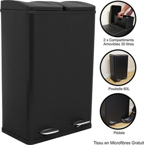 Kosz na śmieci 60L z podwójnym pedałem w kolorze czarnym
