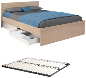 Łóżko z 2 szufladami 160 x 200 cm - Naturalny i biały z połyskiem + stelaż - VELONA