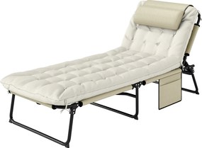 Outsunny Składany Leżak z 4-stopniową Regulacją Oparcia, Poduszką, Boczną Kieszenią, Zagłówkiem, 68 x 189 x 30 cm, Beżowy