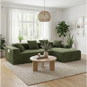 Modułowa Narożna Sofa Prawa 3-osobowa, w Welurze Żebrowanym zielonym, z 4 Poduszkami, leżanką i boczną kieszenią, 261x156x80cm