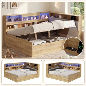 Łóżko hydrauliczne dla dzieci z pojemnikiem - 140 x 200 cm - z portem USB, diodami LED, półką do przechowywania i zagłówkiem - MDF - naturalne