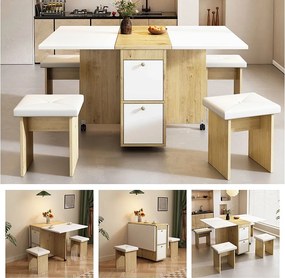 Zestaw stół i krzesła rozkładane - 120 x 80 x 75 cm - ze składanym stołem + 4 krzesłami + 2 schowkami - płyta wiórowa + PU - biały