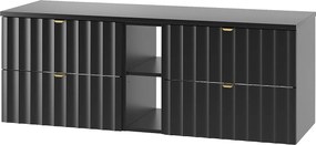 Czarny Zestaw Łazienkowy 140cm Szafka z Blatem Regał Ryflowane Fronty Arcos