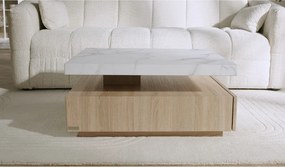 Stolik kawowy obrotowy z 1 szufladą z MDF - Efekt białego marmuru i Naturalny - KYRIA