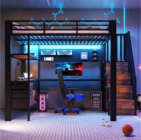 Łóżko piętrowe metalowe dla dzieci - 140 x 200 cm - z półkami + szufladami + biurkiem + drabinką + diodami LED - czarne