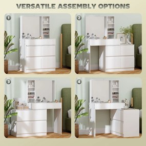 HOMCOM Toaletka, stolik do makijażu z dużym lustrem, 4 szuflady, 3 otwarte przegrody, 2 szafki, MDF, Biały