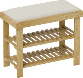 HOMCOM Ławka na Buty z Miejscem Siedzenia, Bambus z Przestrzenią do Przechowywania, 2 Otwarte Przegrody, 60 x 29 x 49 cm Kremowobiały