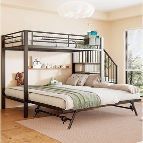 Łóżko piętrowe dla dzieci - 90 x 200 cm + 90(180) x 200 cm - rama żelazna - łóżko wysuwane - drabinka ze schowkiem - metal - czarne