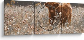 Obraz - Szkocka krowa w kwiatach (z zegarem) (90x30 cm)