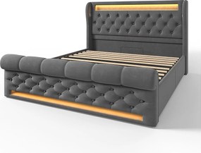 160x200 cm – Łóżko pojedyncze z ładowaniem USB i oświetleniem LED – szary aksamit – bez materaca