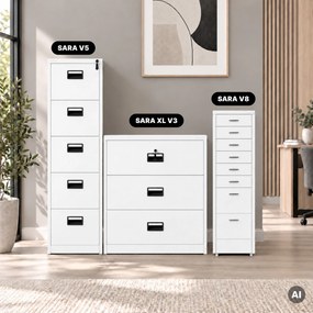 Szafka kartotekowa na kółkach, metalowa, 8 szuflad, na dokumenty, biała, 300x1100x600 mm: SARA V8