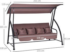 Outsunny Huśtawka Ogrodowa 3 Osobowa z Regulowanym Daszkiem Hamak Wiszący Brązowy Poliester 215x120x165cm | Aosom PL