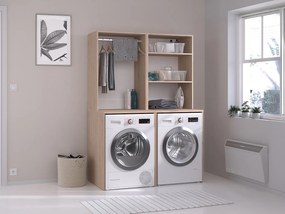 Szafka do pralni na 2 urządzenia z drążkiem i półkami - Naturalny jasny - wys. 184 x szer. 128 cm - ERKANO