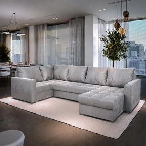 Masseno Narożnik LORIVO z funkcją spania i pojemnikiem na pościel Narozniki U, Rozkładana sofa - Jasnoszary, PAROS 05