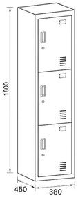 Szafka skrytkowa, 3 schowki, 1800 x 380 x 450 mm, zamek cylindryczny, drzwi szare
