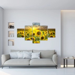 Obraz - Słoneczniki o zachodzie słońca (125x70 cm)