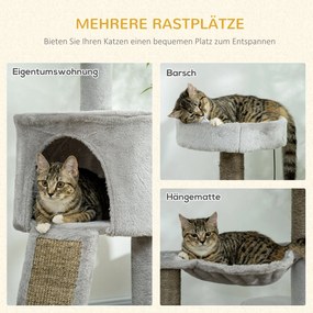 PawHut Drapak dla Kota Jasnoszary z Kryjówką Łóżkiem Hamakiem i Zabawkami 60x40x113cm Komfortowy | Aosom PL