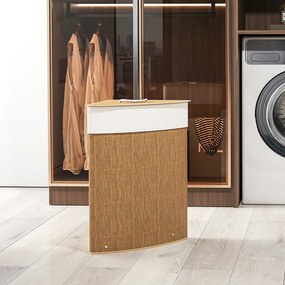 HOMCOM Kosz na pranie w kształcie narożnym z plecionki bambusa, 55 litrów, worek na ubrania, metalowa rama, Brązowy