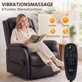 HOMCOM Elektryczny fotel ułatwiający wstawanie z masażem wibracyjnym i funkcją ogrzewania, fotel dla seniorów z brązowej skóry PU | Aosom PL