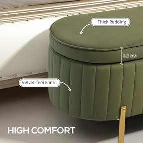 HOMCOM Ławka do przechowywania Owalna z 72L pojemności i otwieranym przykryciem w aksamicie i drewnie, 108x44x43,5 cm, Zielona