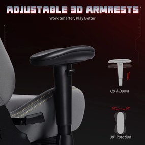 HOMCOM Ergonomiczny fotel gamingowy z regulowanymi podłokietnikami 3D, obrotowy fotel biurowy z podparciem lędźwiowym, szary