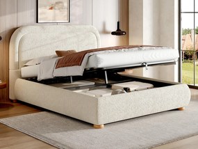 Łóżko z pojemnikiem pikowane 140x190 cm - z stelażem lamelowym - Tkanina typu bouclé - Beżowy (materac nie jest wliczony w cenę)