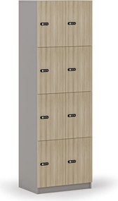 Drewniana szafka skrytkowa S4, 8 schowków, demontaż, zamek mechaniczny z kodem, szary/dąb naturalny