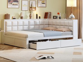 Sofa rozkładana 140×200 cm - z miękkim oparciem - z 2 szufladami - ze stelażem listwowym - biała (materac nie jest zawarty)