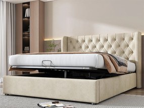 Łóżko ze schowkiem 140 x 200 cm, łóżko dla dorosłych tapicerowane welurem, dekor z nitami i guzikami, stelaż z listew, beżowe
