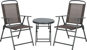 Outsunny Zestaw bistro 3-częściowy z metalu odpornego na warunki atmosferyczne z krzesłami ogrodowymi i składanym stolikiem ze szkłem brązowy