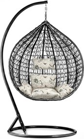 Czarny wiszący fotel KOKON ze stojakiem, beżowa poduszka