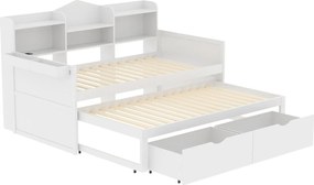 Łóżko banquette 90x200cm z drewna - z łóżkiem wysuwanym 90x190cm i 2 szufladami - z gniazdem USB - Białe