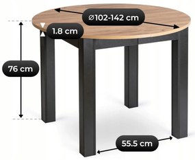 Zestaw Stół Okrągły Rozkładany HARRY 102-142 cm Dąb Craft/Czarny i 6 Krzeseł Tapicerowanych PERU Szarych Welurowych Nowoczesnych