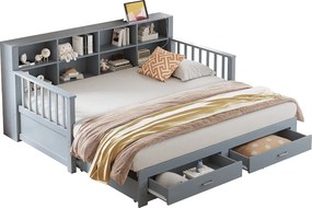 Sofa rozkładana - 90/180 x 190 cm - 2 szuflady + schowek - drewno sosnowe + sklejka + MDF - Szara