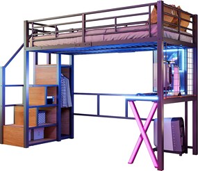 Łóżko antresola 90 x 200 cm z biurkiem, szafą, półkami - Oświetlenie ambientowe - Metal - Czarne (bez materaca)