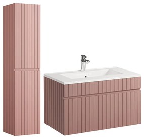 Wisząca szafka łazienkowa w kolorze różowym z prążkowaną fakturą, z wpuszczaną umywalką i słupkiem – 80 cm – SATARA